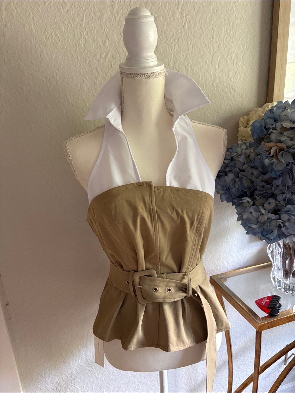 Commense Khaki Strapless Peplum Top with White Halter Collar and belted waist.